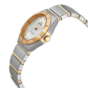 Omega Constellation Co-Axial Master Chronometer women's watch featuring a chic two-tone gold and white dial design.