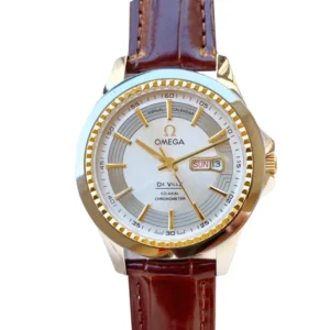 Omega De Ville Hour Vision elegant gold and white watch featuring a chic brown leather strap.
