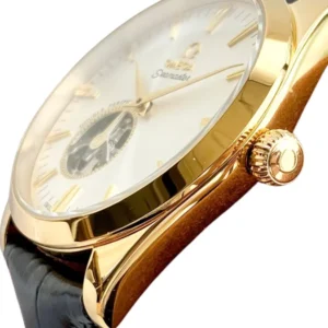 A luxurious Omega Seamaster 43mm watch with a stunning gold and white dial, perfect for adding elegance to any outfit.