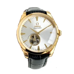 A luxurious Omega Seamaster 43mm watch with a stunning gold and white dial, perfect for adding elegance to any outfit.