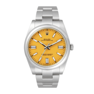 Rolex Oyster Perpetual yellow dial watch with steel bracelet