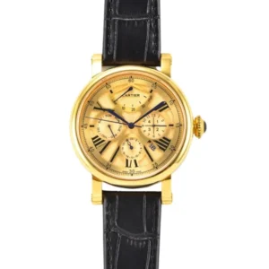 A luxurious Cartier Quartz Gold watch with a gold dial and a sleek black leather strap. Timeless elegance at its finest.