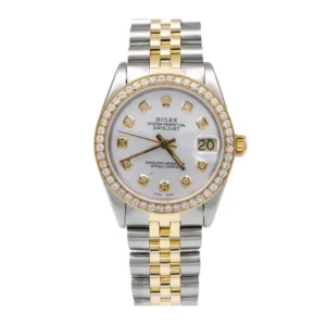 Elegant Rolex Datejust 26mm watch featuring a white dial and stunning yellow gold details for a timeless look.