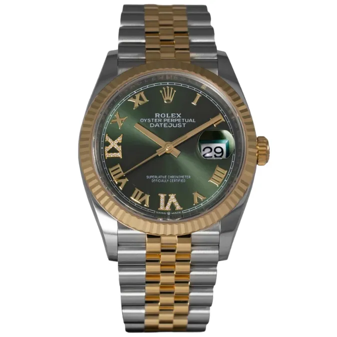 Stand out with a Rolex Datejust green dial 36mm watch showcasing a sleek green dial, a classic timepiece for any occasion.