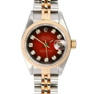 A luxurious Rolex Datejust Red dial ladies watch in 18k yellow gold with diamond accents.