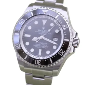 A sleek Rolex Deepsea 44mm watch with a black dial, perfect for any occasion.