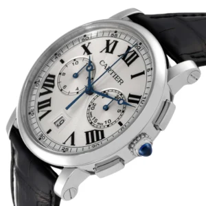 A sleek Cartier Rotonde Chronograph watch with a black leather strap and a white dial. Timeless elegance at its finest!