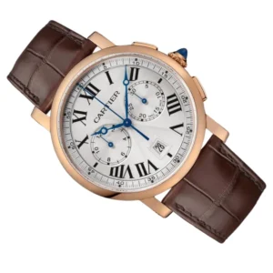 A stylish Cartier watch with a brown leather strap and elegant Roman numerals. It's the Rotonde Chronograph Rose Gold watch, 40mm.