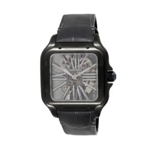 A sleek Men's Cartier Santos Skeleton Black watch, the intricate details of 28mm add a touch of elegance.