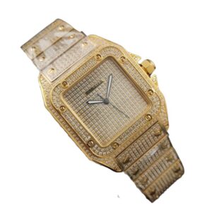 A stunning Men's Cartier Santos Diamond Gold watch exudes elegance with its dazzling diamond-studded face.