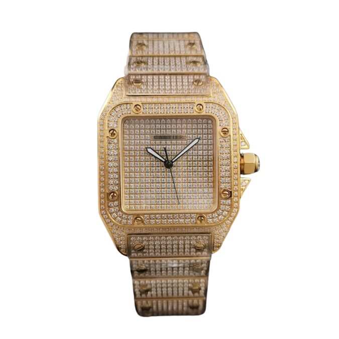 A stunning Men's Cartier Santos Diamond Gold watch exudes elegance with its dazzling diamond-studded face.