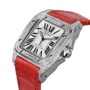 A stunning red leather watch with diamond-studded dial, the Cartier Santos 100 Diamond Silver 41mm is pure elegance.