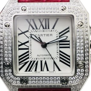 A stunning Cartier Santos Pink watch with a fiery alligator strap and a diamond-studded face. Timeless elegance at its finest!