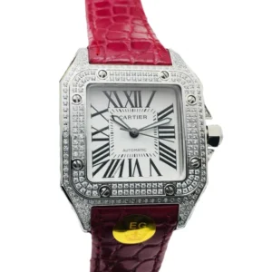 A stunning Cartier Santos Pink watch with a fiery alligator strap and a diamond-studded face. Timeless elegance at its finest!