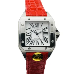 A sleek Cartier Santos Red Strap watch, 43mm in size, exuding elegance and sophistication.