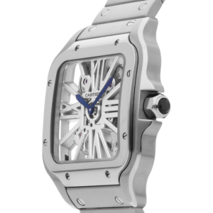 Sleek stainless steel watch with a striking blue hands - Santos Skeleton 29mm, a must-have Timeless luxury