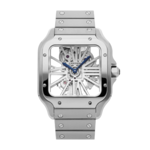 Sleek stainless steel watch with a striking blue hands - Santos Skeleton 29mm, a must-have Timeless luxury