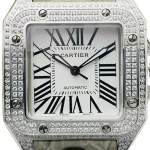 A stunning Santos white watch, 43mm in size, adorned with sparkling diamonds on its face. Timeless elegance at its finest!