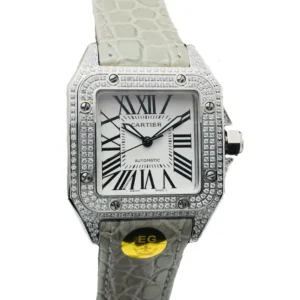 A stunning Santos white watch, 43mm in size, adorned with sparkling diamonds on its face. Timeless elegance at its finest!