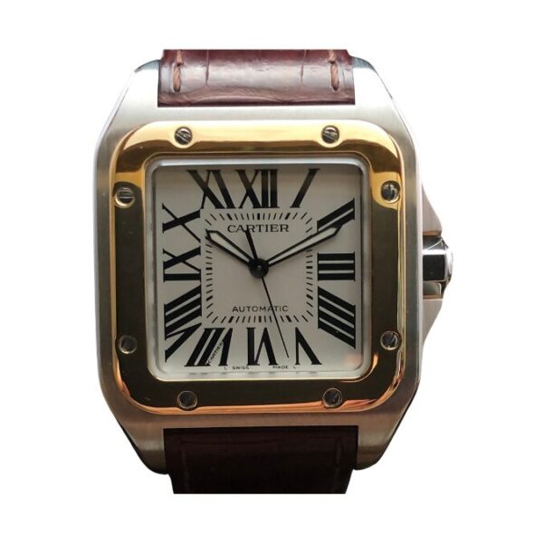 Cartier Santos 100 Yellow Gold Steel Opaline Dial Watch