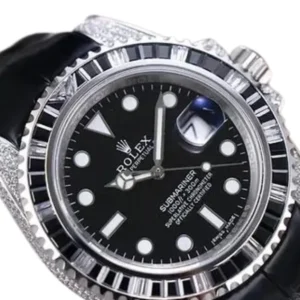Discover the elegance of the Submariner Rolex, featuring a sleek black dial and a diamond-adorned bezel.