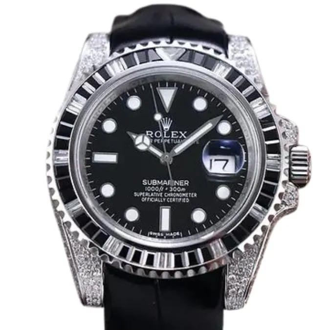 Discover the elegance of the Submariner Rolex, featuring a sleek black dial and a diamond-adorned bezel.