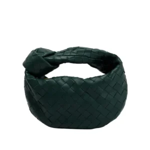 Stylish Green BV Teen Jodie Travertine bag, handcrafted from high-quality woven leather material.