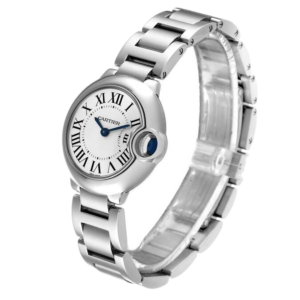Cartier Ballon Bleu 28mm watch with a sleek design and a silver dial in Stainless Steel.