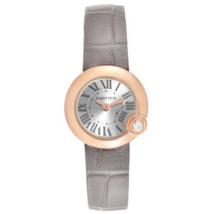 Ballon Blanc de Cartier watch, a luxurious timepiece with a sleek design, featuring a rose gold dial and a grey leather strap.