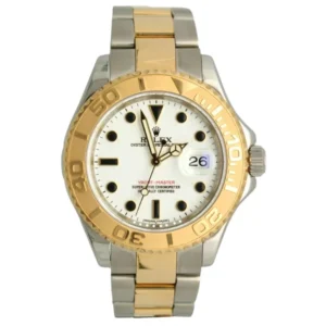 A luxurious Rolex Yacht master two tone watch with a sleek design, perfect for sailing enthusiasts.