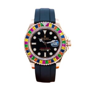 A black Rolex Yacht Master Everose Gold watch with vibrant stones adorning the face.