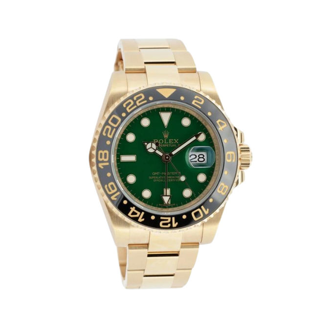 A stylish Rolex GMT Master II yellow gold watch with a sleek design and a timeless appeal.