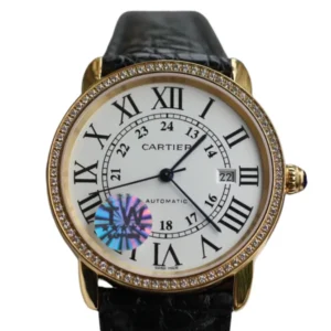 A sleek Cartier Ronde Gold and black ladies' watch with a white dial, perfect for adding a touch of elegance to any outfit.