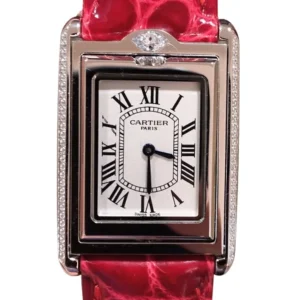 Luxurious Cartier Tank Basculante watch adorned with dazzling diamonds, a timeless accessory for any occasion.