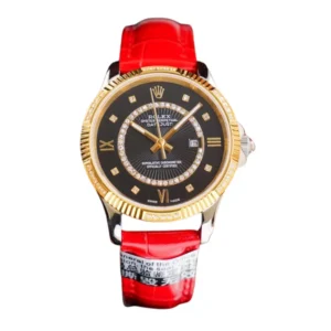 A sleek watch, Rolex Datejust black dial and a vibrant red leather strap, exuding timeless elegance and sophistication.