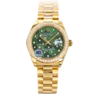 Luxurious Rolex Datejust Green 31mm watch with a stunning green dial adorned with sparkling diamonds.