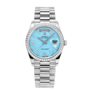 Behold the exquisite Rolex Day-Date 36mm watch featuring a captivating blue dial, diamond bezel, and a sturdy steel bracelet.