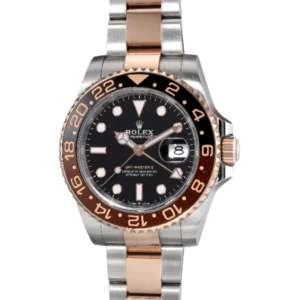 The iconic Rolex GMT Master Two Tone. This stunning watch features a black dial and a sleek steel bracelet