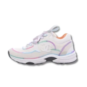 Comfortable Chanel Multicolor White sneakers with a pop of colors on the sole, great for casual wear.