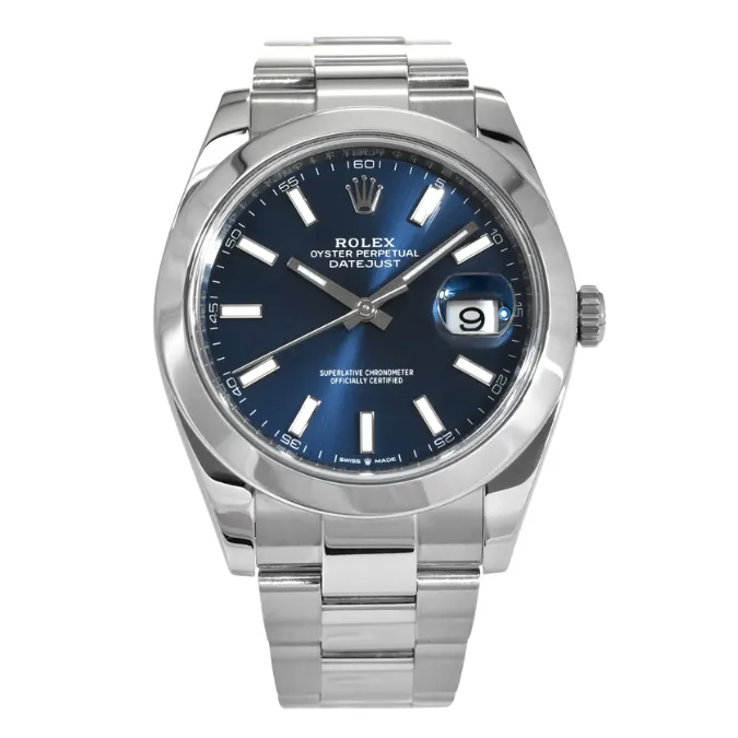 A sleek Rolex Oyster Perpetual 40mm steel watch with a captivating blue dial. Perfect for adding a touch of elegance to any outfit.