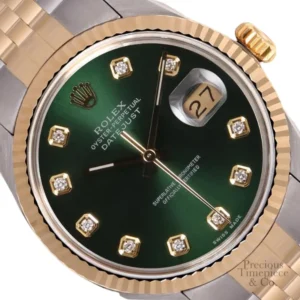A stunning Rolex Oyster Perpetual Datejust 36mm with a vibrant green dial and a sparkling diamond bezel. Timeless elegance at its finest!