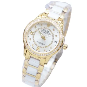 Fashionable Women's Rolex Datejust Pearl Dial watch with a white and a stunning gold tone bracelet, a must-have accessory for any wardrobe.