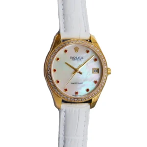 Essence of sophistication with this ladies' Rolex Geneva Datejust watch featuring a stunning white mother-of-pearl dial.