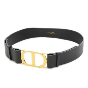 Elegant Dior 30 Montaigne Belt in black leather with a gold-plated buckle.
