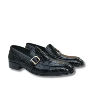 Sophisticated Black Crocodile Skin Loafers adorned with a stylish buckle.