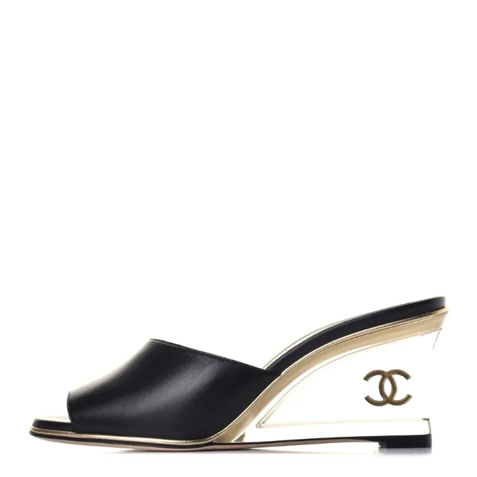 Stylish black wedge Mules sandals by Chanel, perfect for a chic summer look.