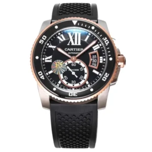 Cartier Calibre Diver timepiece featuring a sleek black dial and rose gold hands, a must-have accessory.