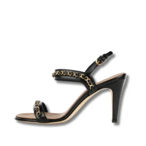 Stylish Chanel Black Chain Ankle-Strap heels, perfect for a night out on the town.