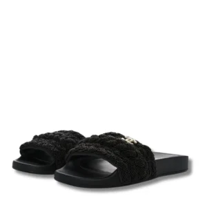 Stylish Women's Chanel Beaded Slides in black fabric, perfect for summer outings and beach days.