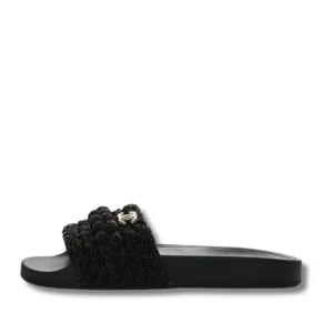 Stylish Women's Chanel Beaded Slides in black fabric, perfect for summer outings and beach days.